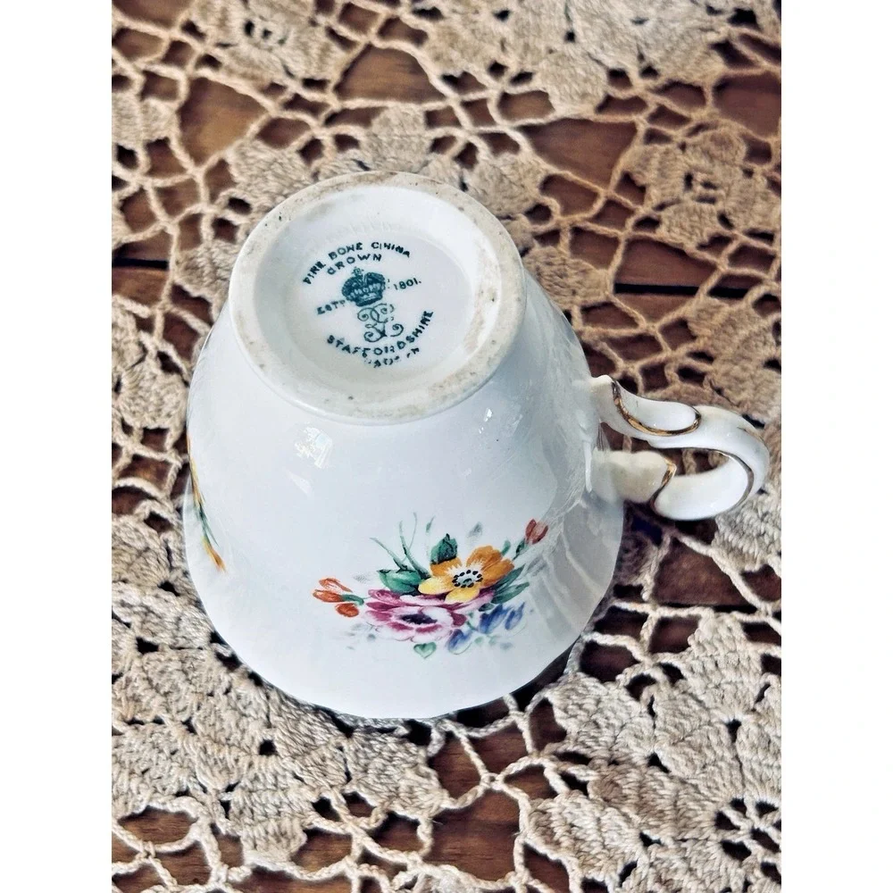 Crown Staffordshire Bone China Teacup Saucer Mint Green Floral Gold Gilt England